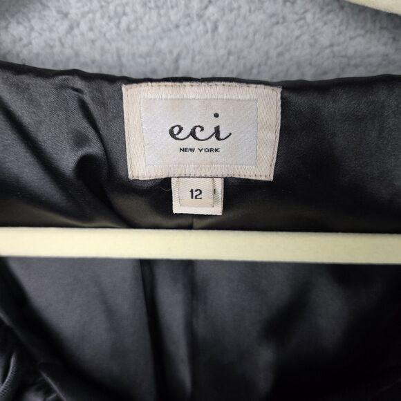 ECI New York Jacket Womens 12 Black Satin Big Collar Swing Crop Pockets Stretch - Picture 3 of 16